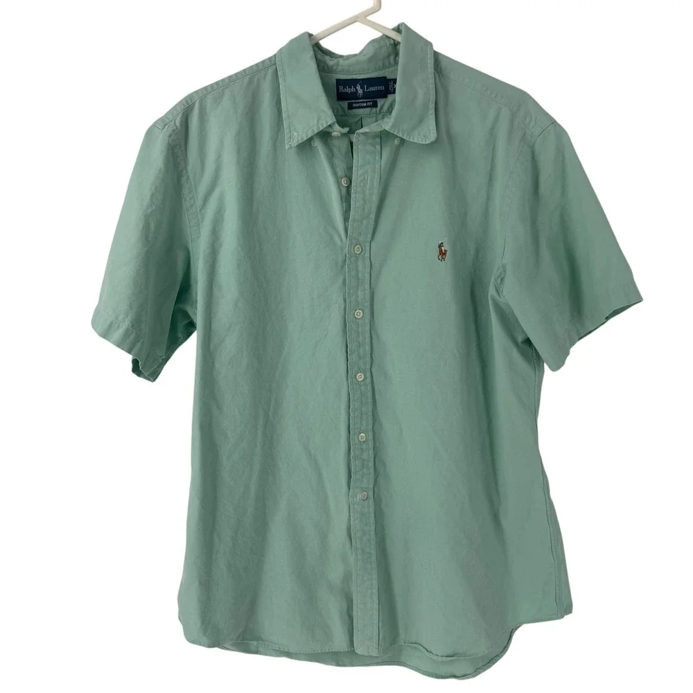 Ralph Lauren Mens XL Custom Fit Short Sleeve Button Down Shirt Mint Green Cotton